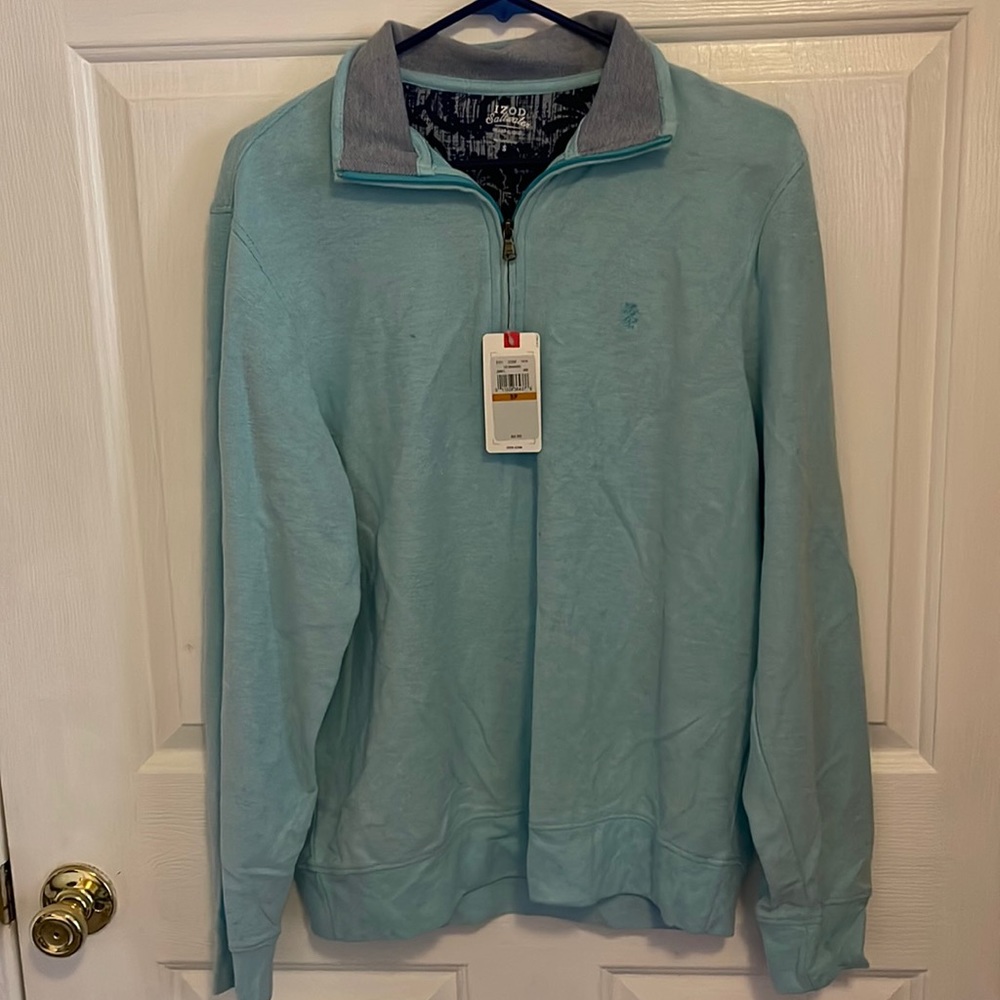 Izod Saltwater long sleeve quarter zip light blue banded dress shirt